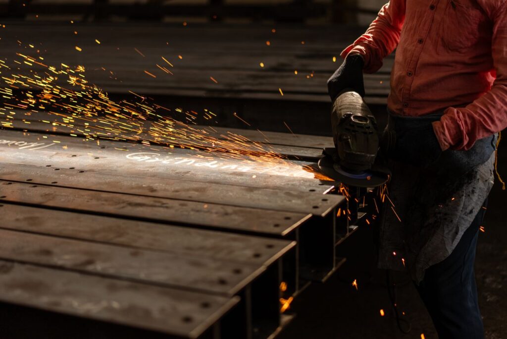 Steel cutting operation preparing materials for fabrication and construction
