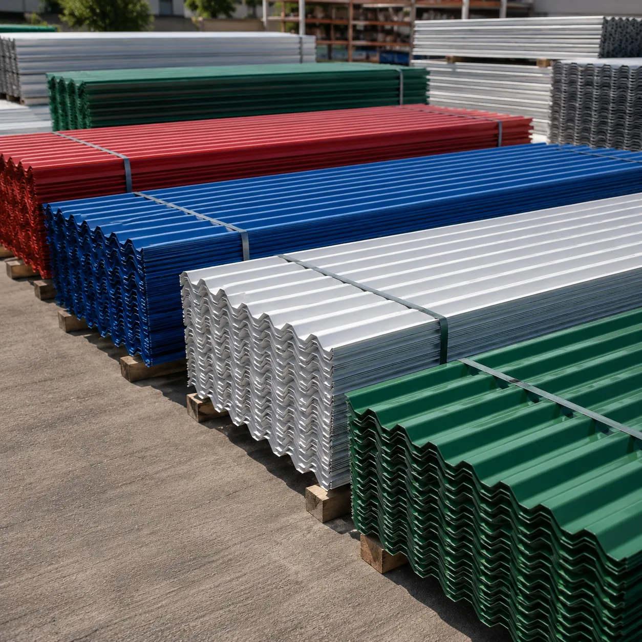 Corrugated steel sheets for industrial sheds and warehouses