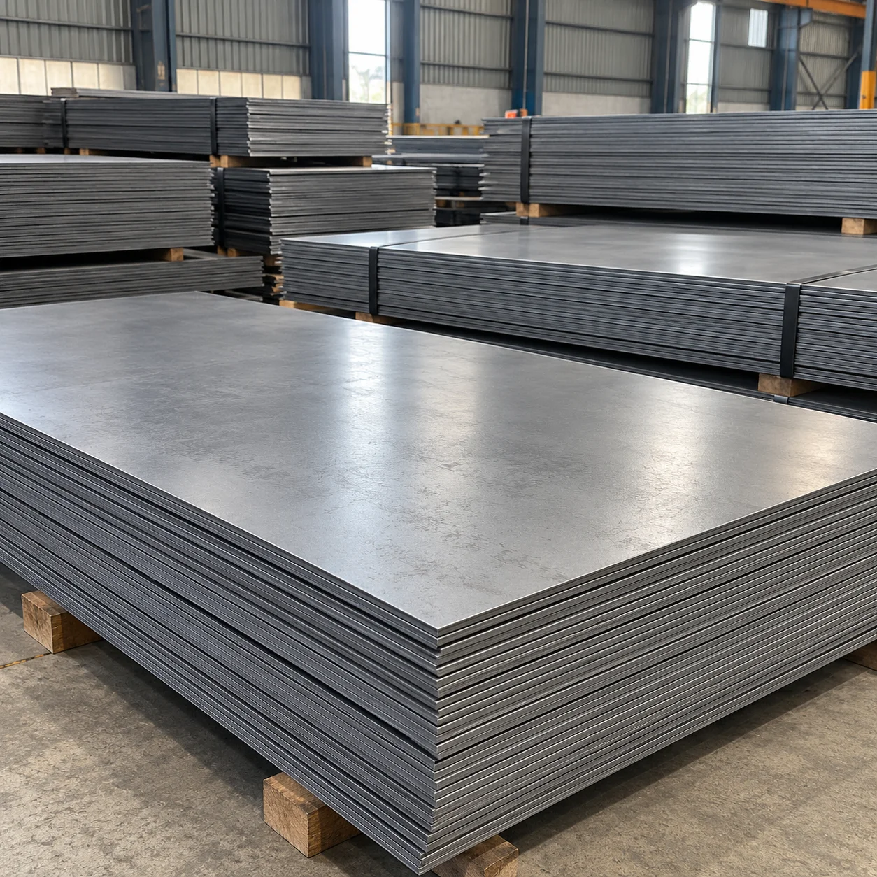 Mild steel sheets stacked in a warehouse