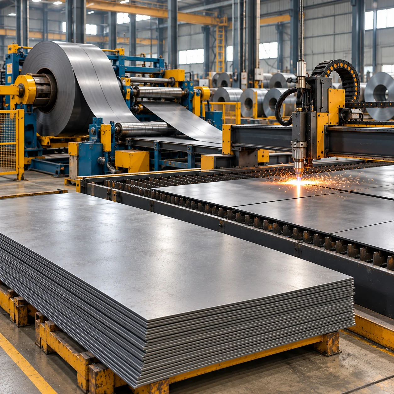 Mild steel coils and sheets processing line in an industrial facility